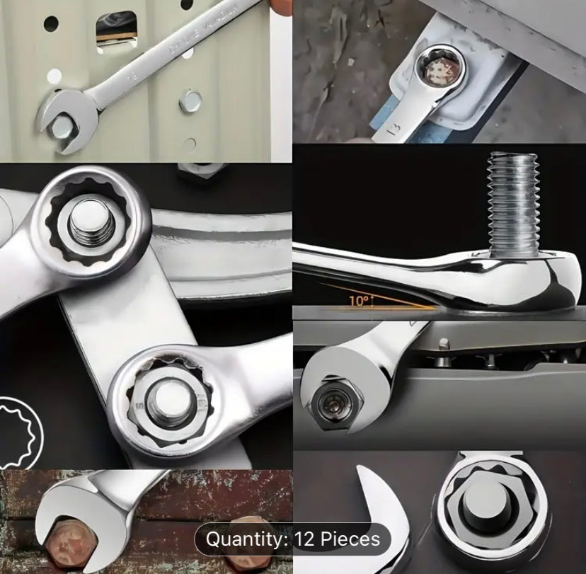 12 PCS Wrench Set with Roll-Up Pouch, 8-24mm,  15° Angled Open & 12-Point Box End Finish for Home & Workshop