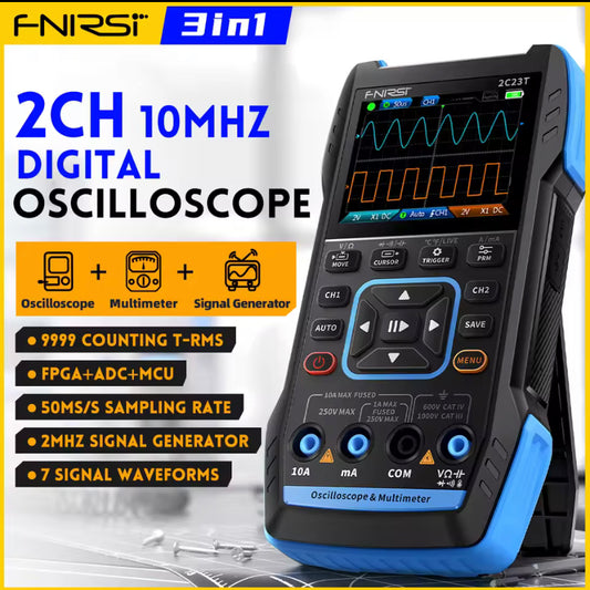 FNIRSI 2C23T 3IN1 Dual Channel Digital Oscilloscope Multimeter + Function Signal Generator 10MHZ*2 50MS/s AC DC 1000V 10A T-RMS