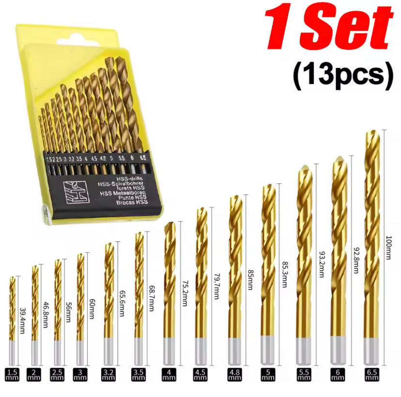 13PCS Steel Twist Drill Bits Set with Box Holder Round Handle Drill Bits for Glass Metal Tile Wood 1.5mm-6.5mm Power Drilling Tools
