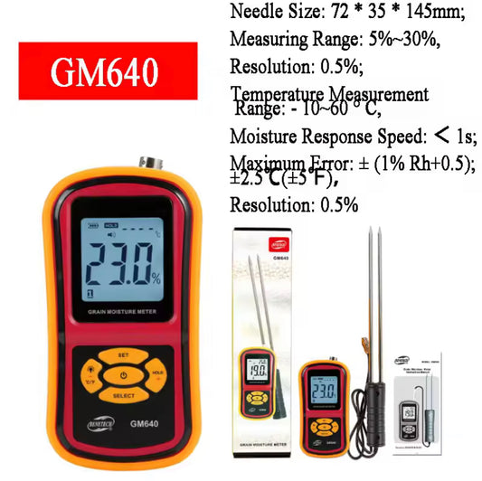 BENETECH GM640 Digital Grain Moisture Meter with Measuring Probe Portable LCD Tester for Corn Wheat Rice