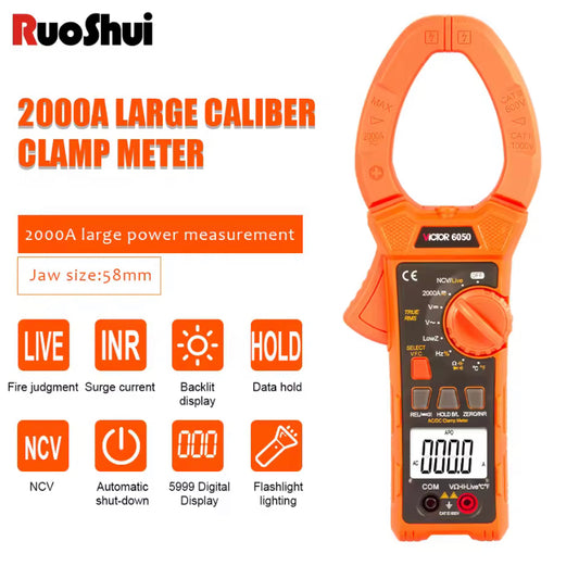 Victor 6050 Digital Clamp Meter LCD 2000A Current Voltage Frequency Capacitiance Duty Cycle Temperature Resistance 6000 Counts