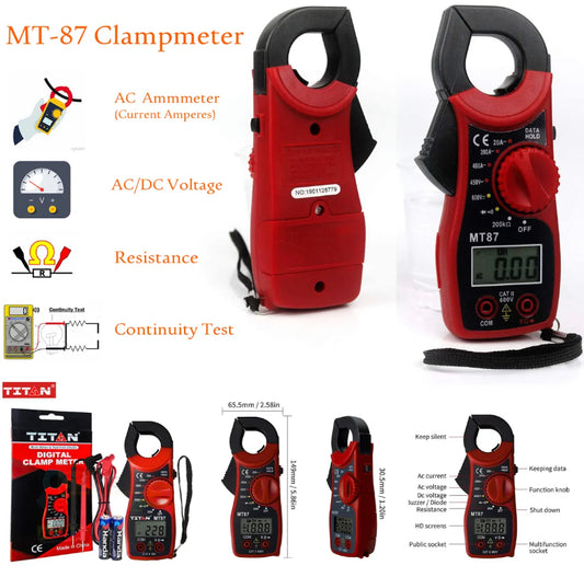 MT87 Portable Digital Clamp meter Multimeter Ammeter with Measurement AC/DC Voltage & AC Amp Tester Multi-test Resistance Continuity Test