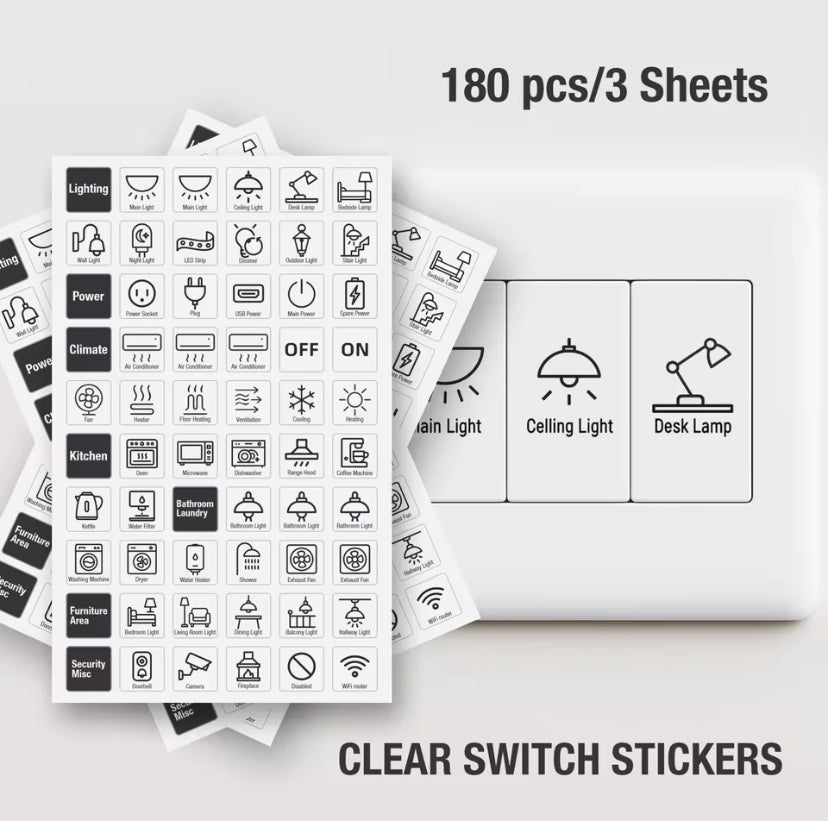 180pcs/ 3 Sheets Transparent Light Switch Label Stickers Clear PET Switch Icons for Home Lighting & Appliances, Easy to Apply