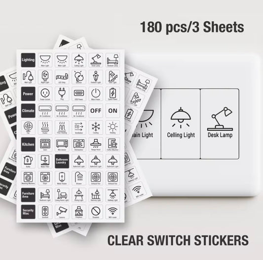 180pcs/ 3 Sheets Transparent Light Switch Label Stickers Clear PET Switch Icons for Home Lighting & Appliances, Easy to Apply
