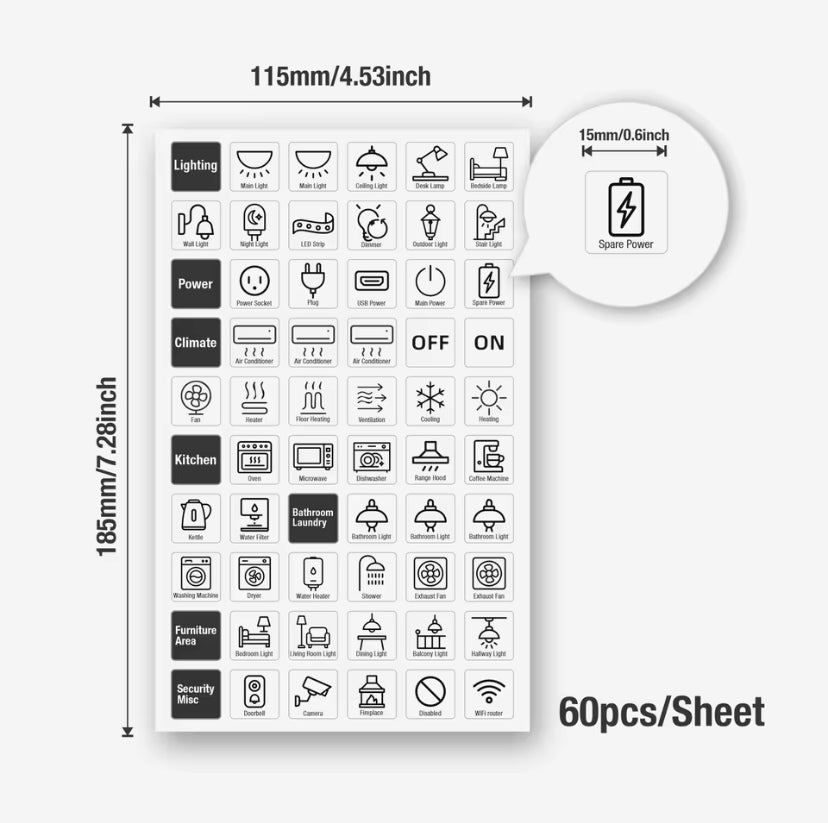 180pcs/ 3 Sheets Transparent Light Switch Label Stickers Clear PET Switch Icons for Home Lighting & Appliances, Easy to Apply