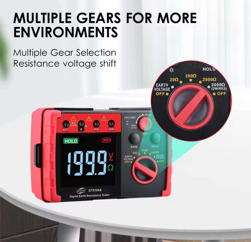 GT5105A Digital Earth Resistance Tester 2000 Megohm Meter Megohmmeter Voltmeter Ground Tester Battery Detection