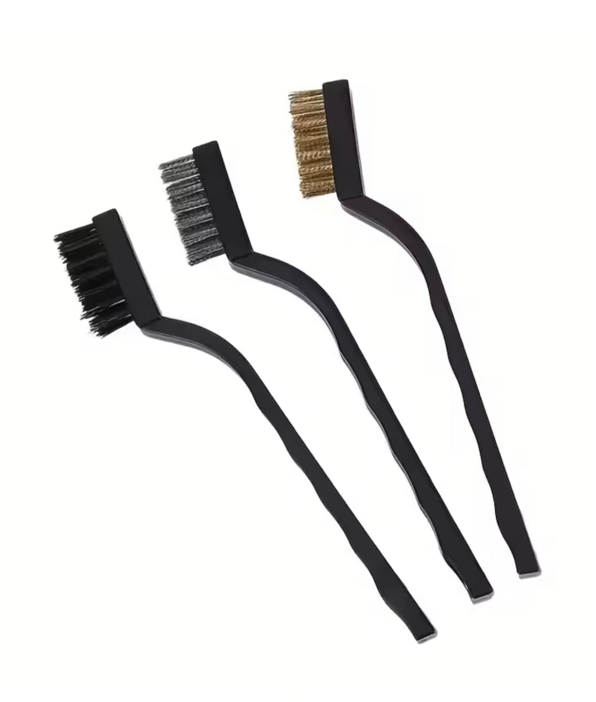 3 Pcs Mini Wire Brush Set Steel Brass Nylon Brush designed for detail cleaning, rust removal, and household or automotive maintenance