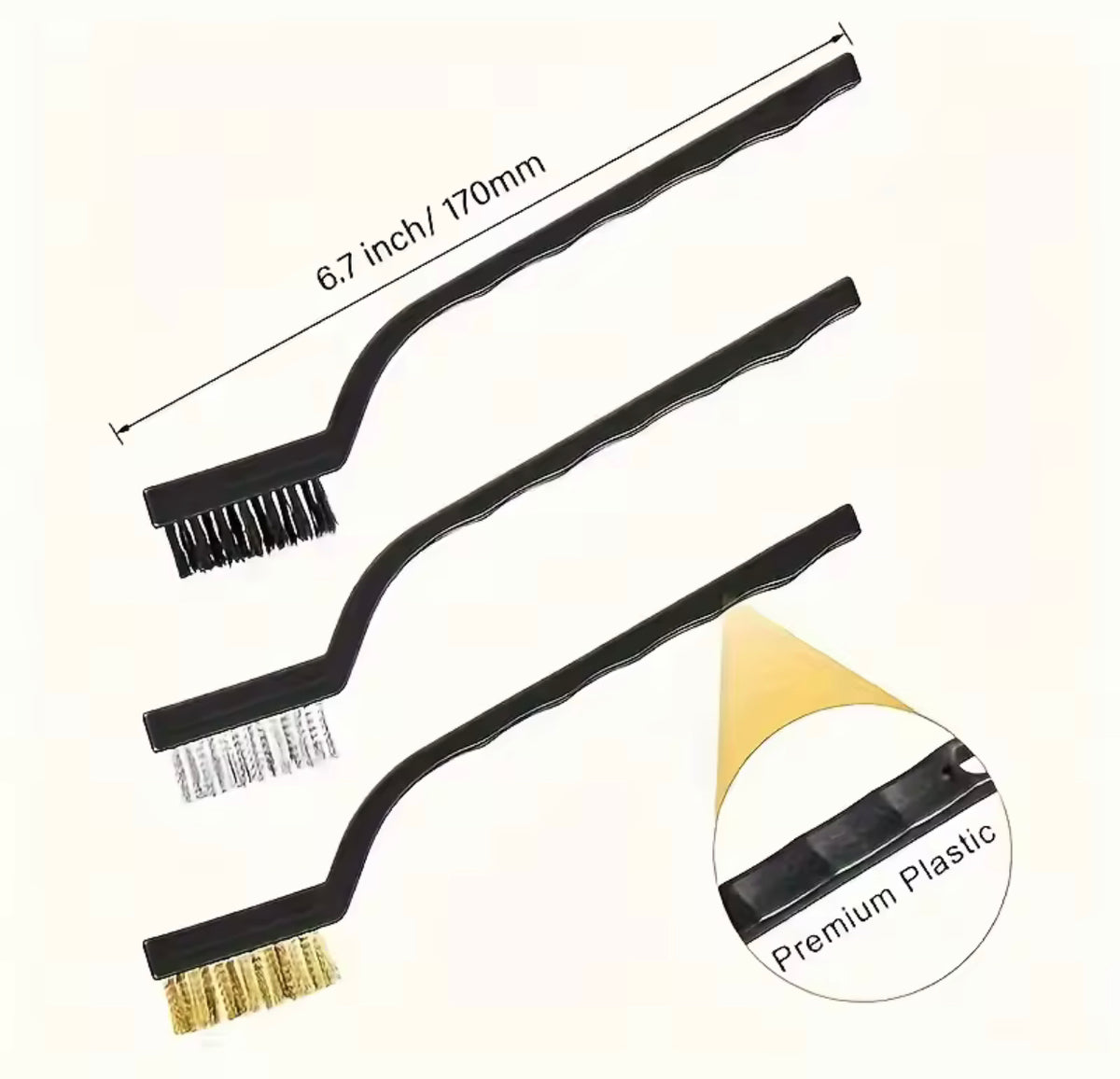 3 Pcs Mini Wire Brush Set Steel Brass Nylon Brush designed for detail cleaning, rust removal, and household or automotive maintenance