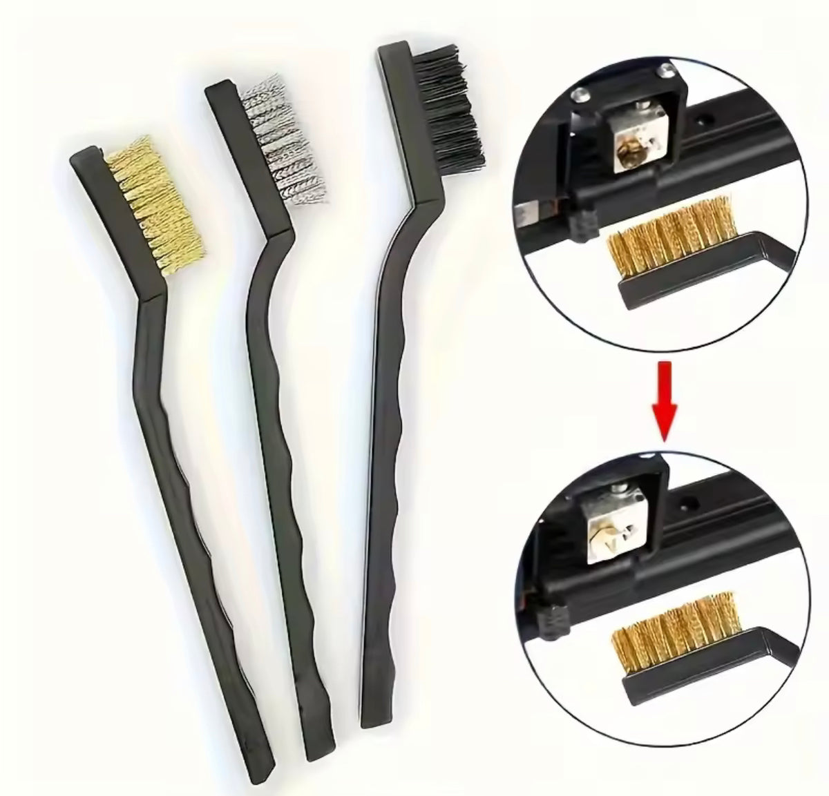 3 Pcs Mini Wire Brush Set Steel Brass Nylon Brush designed for detail cleaning, rust removal, and household or automotive maintenance