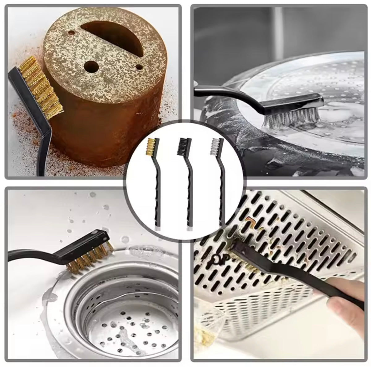 3 Pcs Mini Wire Brush Set Steel Brass Nylon Brush designed for detail cleaning, rust removal, and household or automotive maintenance