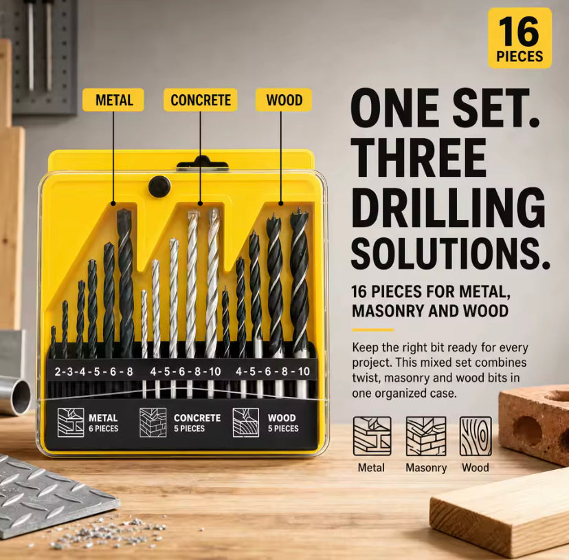16PCS Mixed Drill Bit Set High Speed Steel Twist Bits for Wood Metal Brick Cement DIY Drilling Hand Tools Kit