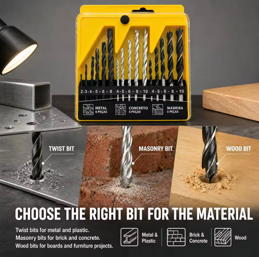 16PCS Mixed Drill Bit Set High Speed Steel Twist Bits for Wood Metal Brick Cement DIY Drilling Hand Tools Kit