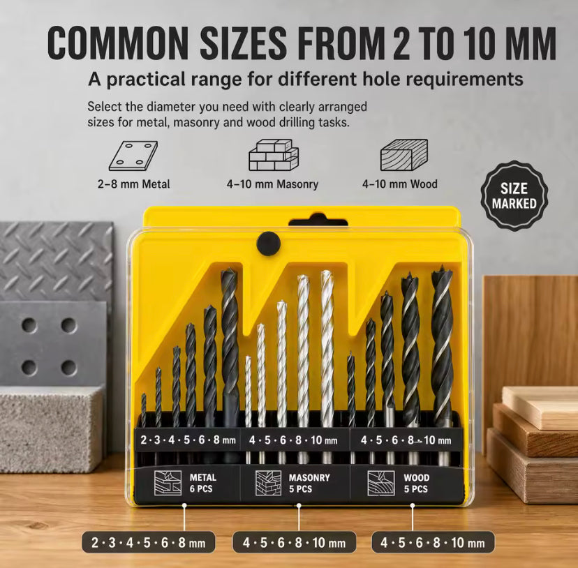 16PCS Mixed Drill Bit Set High Speed Steel Twist Bits for Wood Metal Brick Cement DIY Drilling Hand Tools Kit