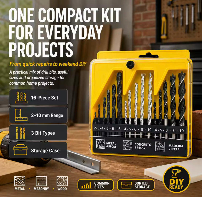 16PCS Mixed Drill Bit Set High Speed Steel Twist Bits for Wood Metal Brick Cement DIY Drilling Hand Tools Kit