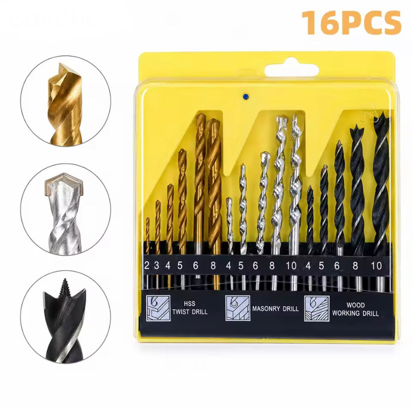 16PCS Mixed Drill Bit Set High Speed Steel Twist Bits for Wood Metal Brick Cement DIY Drilling Hand Tools Kit