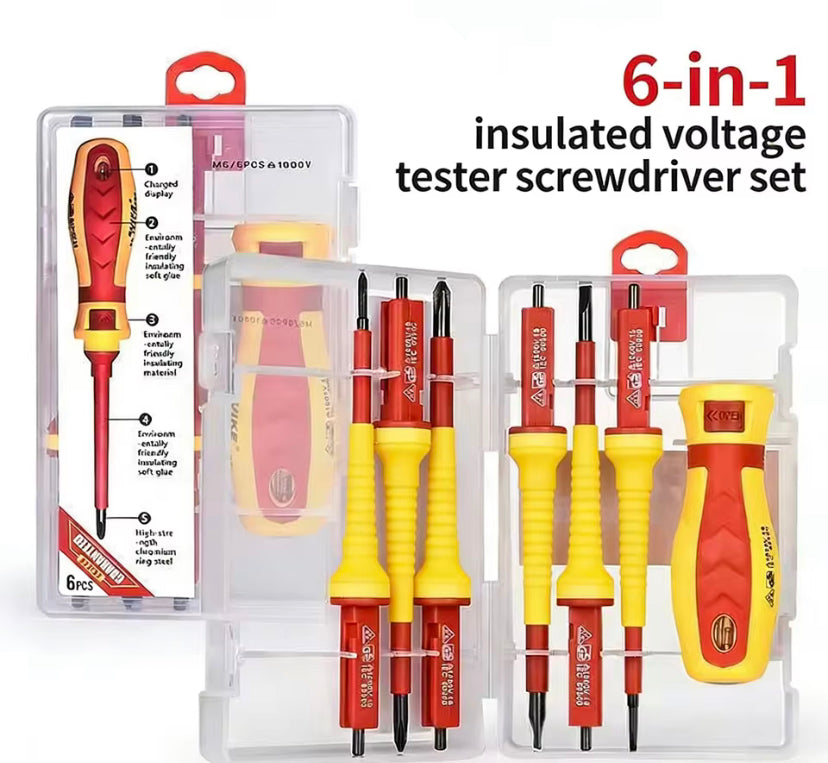 6-in-1 Insulated Voltage Tester Screwdriver Set, 1000V  Voltage Detection, Magnetic Tips With Case  Home and Professional Use Electricians Tools