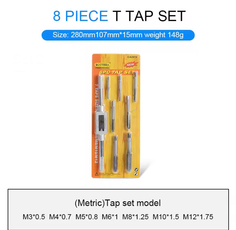 8PCS Tap Set Adjustable Wrench T-Handle Milling Tap High Speed Steel Taps Metric Screwdriver Thread Tapping Drill Holder Hand Tool Set