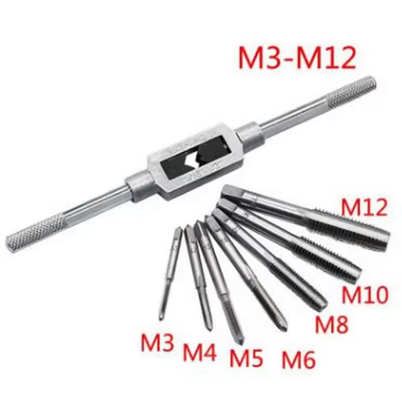 8PCS Tap Set Adjustable Wrench T-Handle Milling Tap High Speed Steel Taps Metric Screwdriver Thread Tapping Drill Holder Hand Tool Set