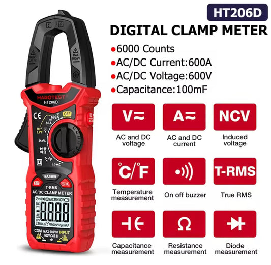 HT206D 600A AC DC Ampere/Voltage Digital Clamp Meter Multimeter 6000 Counts True RMS Auto-ranging Current Voltage Temp Capacitance NCV Tester