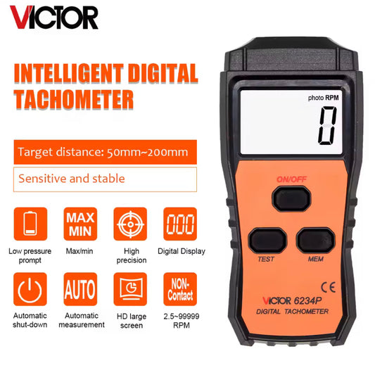 Victor 6234P Digital Laser Tachometer Tester Diagnostic Tool Non-Contact Motor Lathe Speed Gauge Revolution Spin RPM Meter