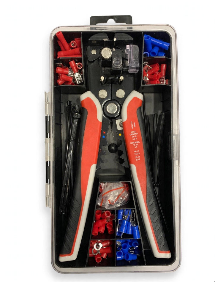 199PCS Automatic Wire Stripper Crimper Cutter Professional 3 in 1 Electrician Tool Terminals in 9 Sizes + Cable Tie + Bread Tie WIRE With Case Suitable for Automotive Distribution Cabinets and Home Wiring
