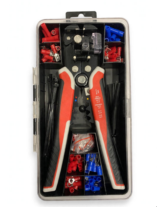 199PCS Automatic Wire Stripper Crimper Cutter Professional 3 in 1 Electrician Tool Terminals in 9 Sizes + Cable Tie + Bread Tie WIRE With Case Suitable for Automotive Distribution Cabinets and Home Wiring
