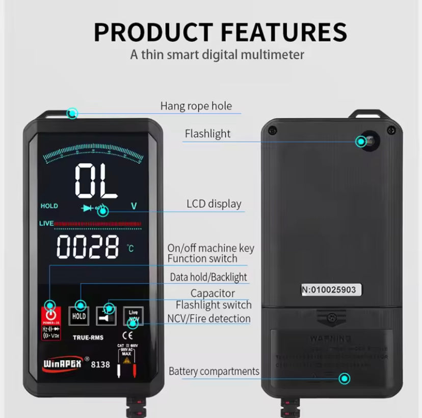 WinAPEX 8138 Touch Screen Digital Multimeter Automatic 6000 Counts True-RMS Voltage Frequency Capacitance Diode NCV Tester
