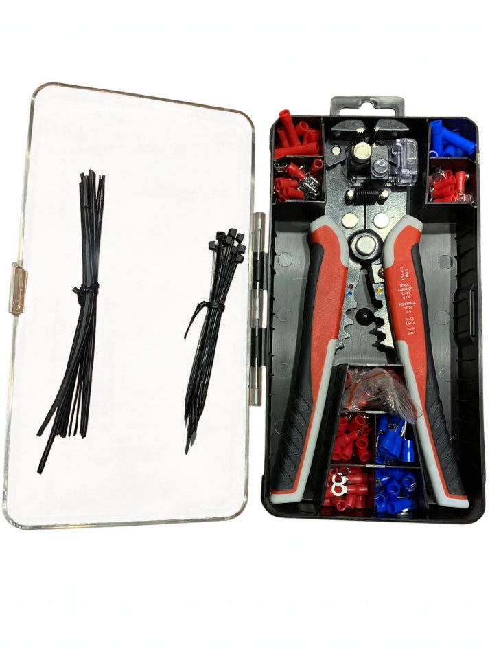 199PCS Automatic Wire Stripper Crimper Cutter Professional 3 in 1 Electrician Tool Terminals in 9 Sizes + Cable Tie + Bread Tie WIRE With Case Suitable for Automotive Distribution Cabinets and Home Wiring