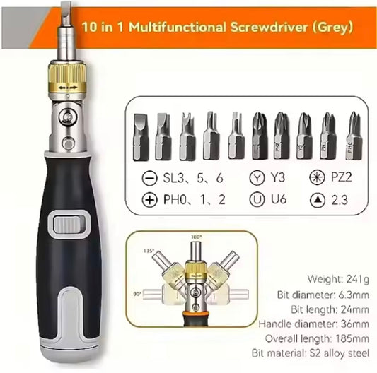 Multifunction Ratchet Screwdriver Sets with 10pcs Drill Head Multi-Angle Portable Household Hand Maintenance Repair Tool