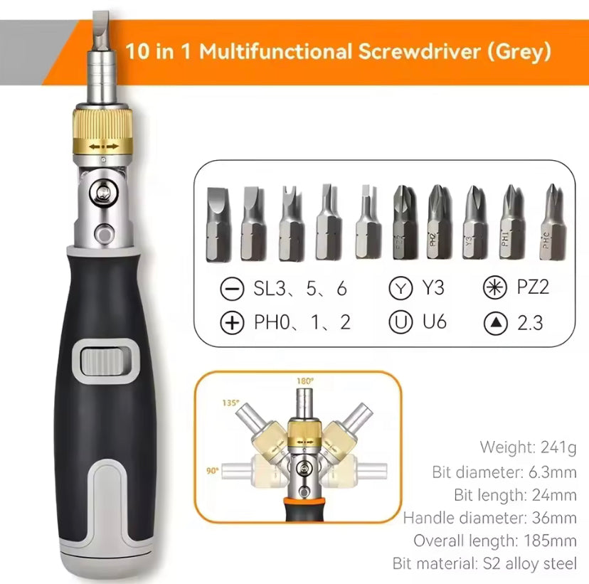 Multifunction Ratchet Screwdriver Sets with 10pcs Drill Head Multi-Angle Portable Household Hand Maintenance Repair Tool