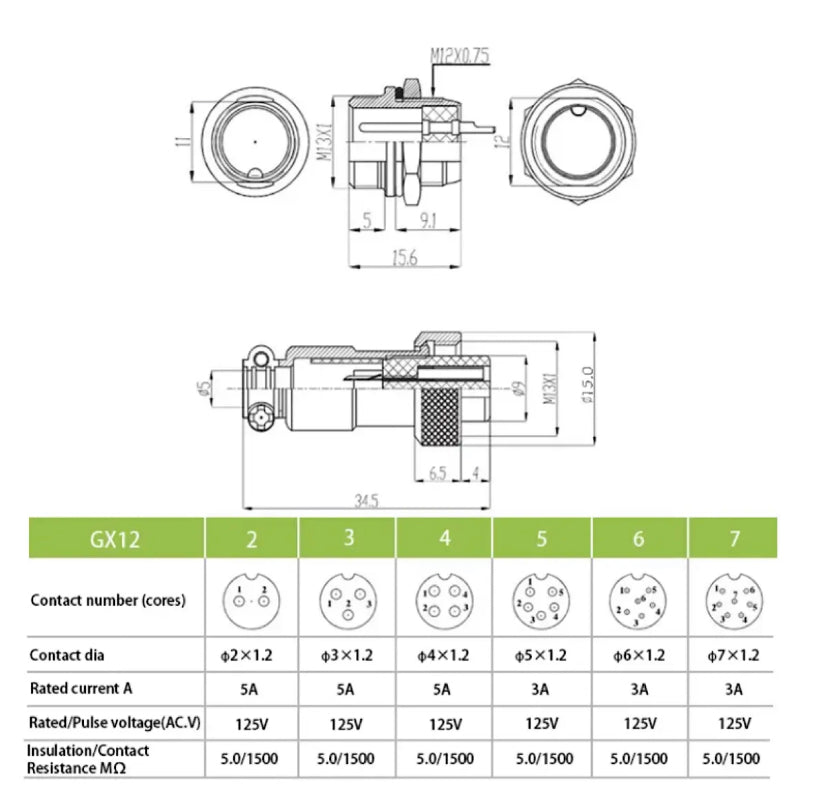 GX12 Nut type Male & Female Electric Wire Panel Connector 2/3/4/5/6/7 Pin 12mm