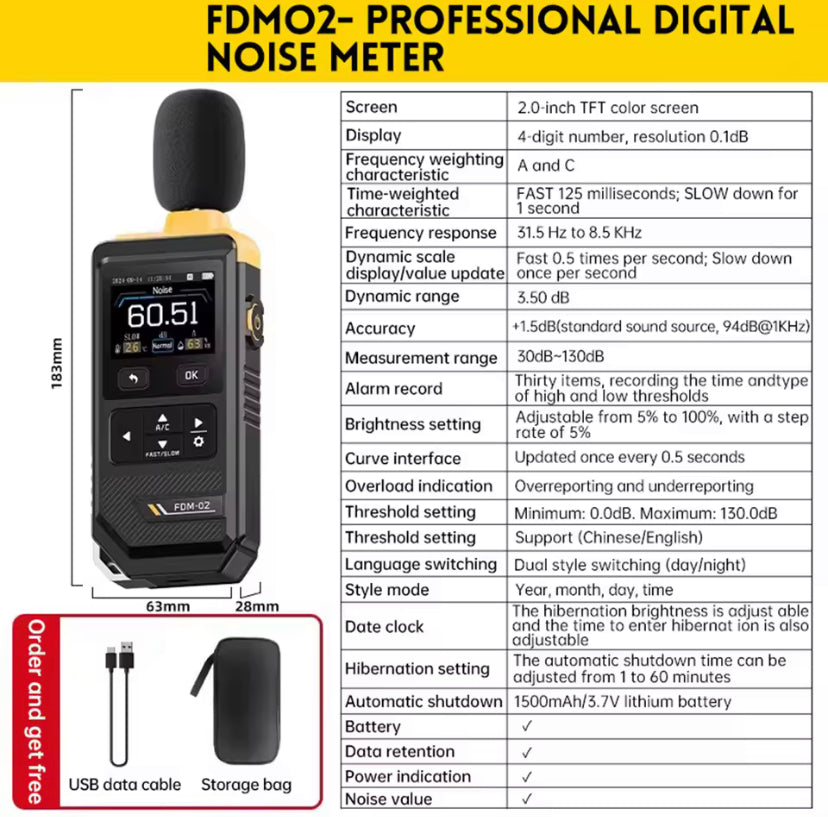FDM02 Noise Meter Digital 30dB 130dB with High For precision Sensors for Noise Temperature Humidity Measurements