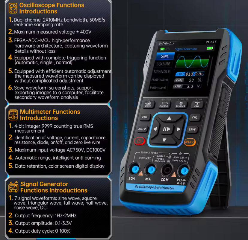 FNIRSI Latest 3-In-1 Multimeter Digital Oscilloscope Signal Generator, Dual Channel 10MHZ*2 50MS/S, 9999 Counts 2C53T