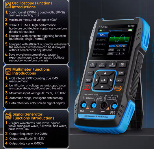 FNIRSI Latest 3-In-1 Multimeter Digital Oscilloscope Signal Generator, Dual Channel 10MHZ*2 50MS/S, 9999 Counts 2C53T