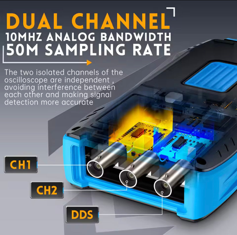 FNIRSI Latest 3-In-1 Multimeter Digital Oscilloscope Signal Generator, Dual Channel 10MHZ*2 50MS/S, 9999 Counts 2C53T