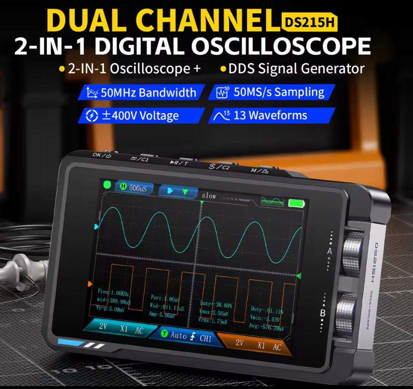 FNIRSI DS215H 2 in 1 Digital Oscilloscope Signal Generator Handheld Dual Channel 50MHZ 250MS/s Automatic Osciloscópio Tool