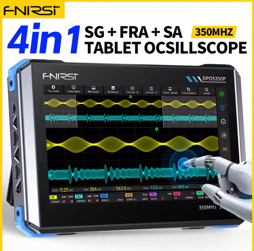 FNIRSI DPOS350P 4in1 Tablet Oscilloscope 2 Channel 350MHz Signal Generator 50MHz, Spectrum Analyzer, Frequency Response Analyzer