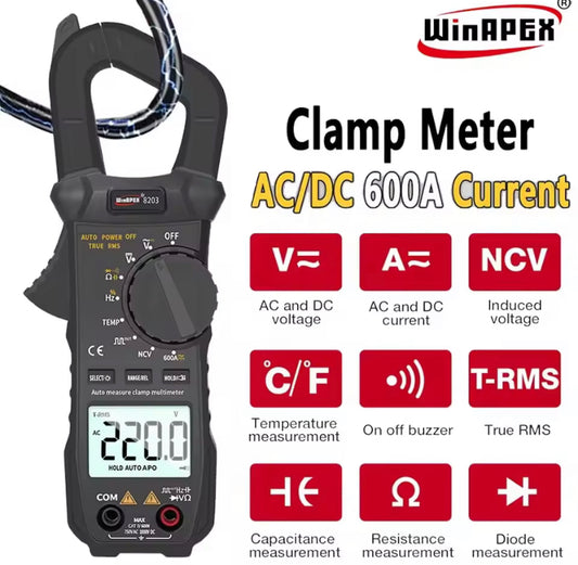 WINAPEX ET8203 600A AC DC Pocket Clamp Meter 6000 Counts Digital Multimeter Current Voltage Resistance Diode Temp Buzzer Test