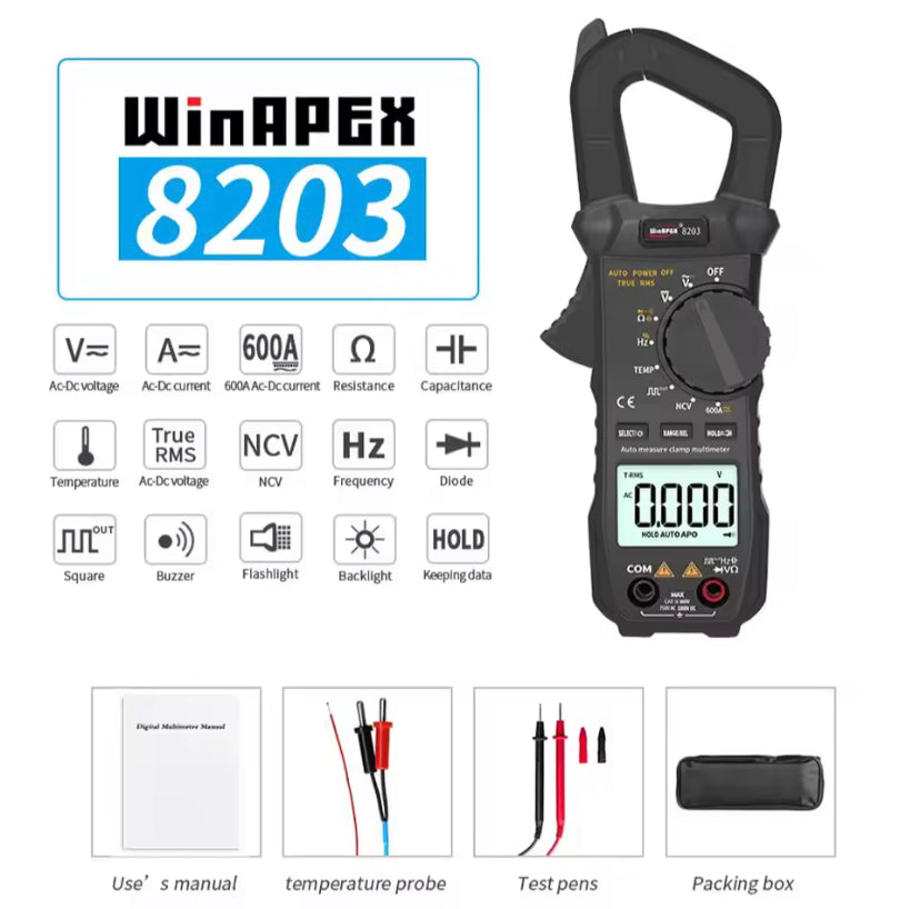 WINAPEX ET8203 600A AC DC Pocket Clamp Meter 6000 Counts Digital Multimeter Current Voltage Resistance Diode Temp Buzzer Test