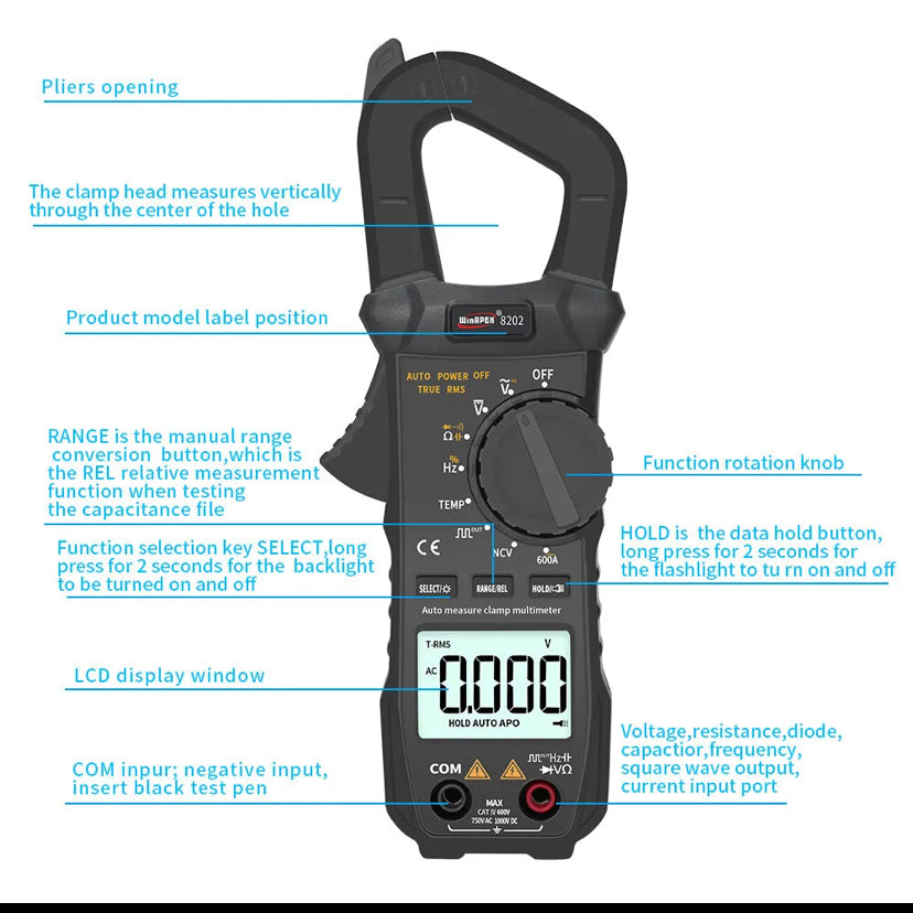 WINAPEX ET8202 Clamp Meter Auto Range AC 600A with Temperature Capacitance Square Wave