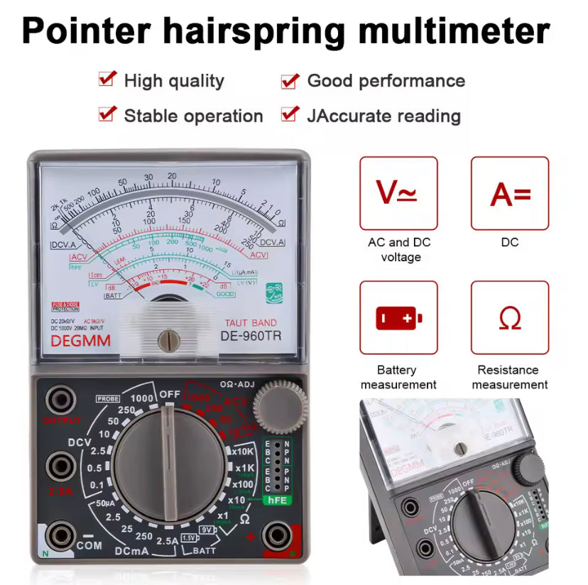 DE-960TR Pointer Mechanical Analog Multimeter Multi-Function AC DC Volt Ohm Current Electrician Maintenance Universal Test Meter