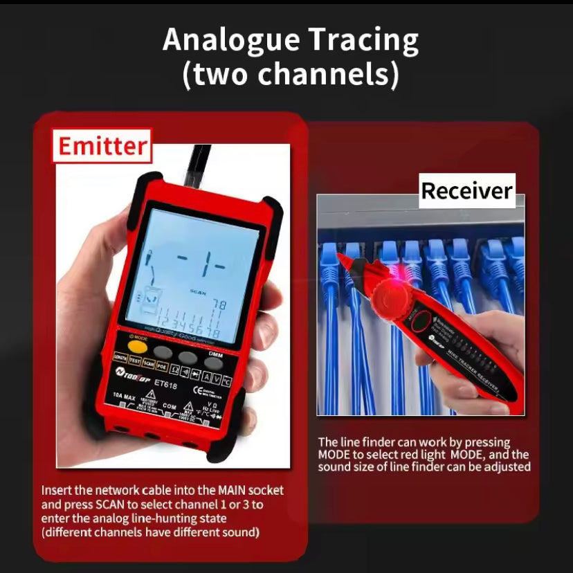 TOOLTOP ET 618 Network Cable Tester Multimeter Lan Cable Tracking POE Test 600M Length Measure Sensitivity Adjustable Line Tracker
