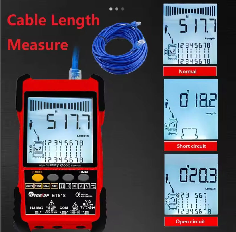 TOOLTOP ET 618 Network Cable Tester Multimeter Lan Cable Tracking POE Test 600M Length Measure Sensitivity Adjustable Line Tracker