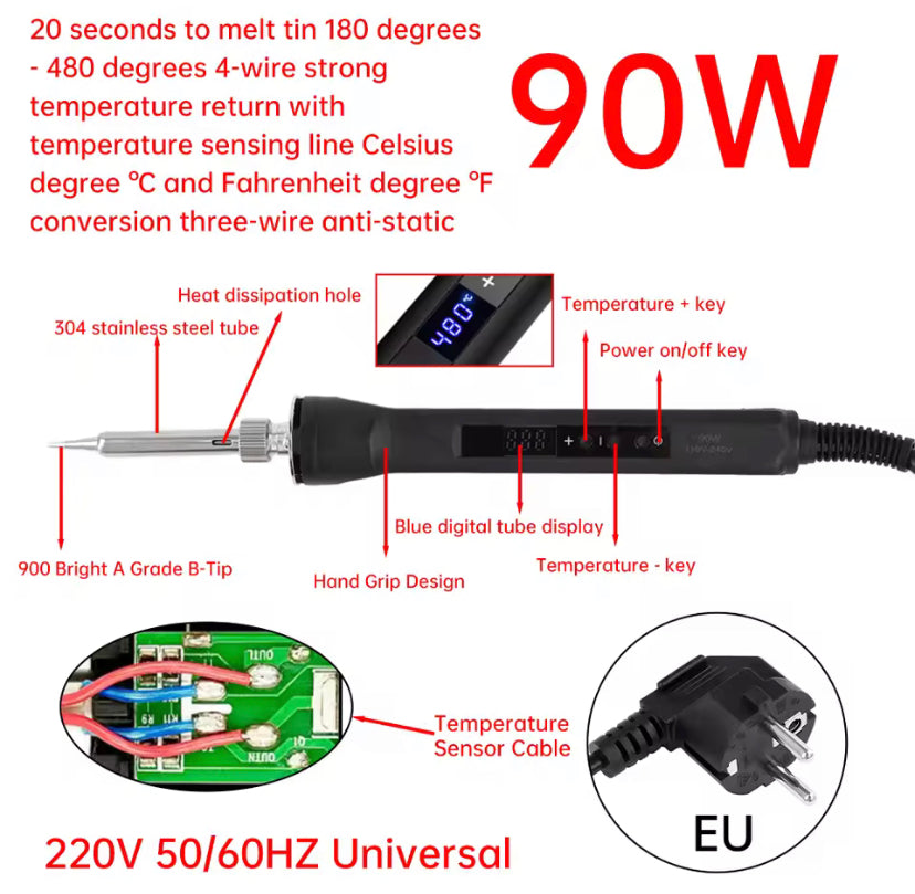 AC 220V 90W Electric Soldering Iron Temperature Control Welding Pen Internal Ceramic Heating Core with 900M Soldering Iron Head