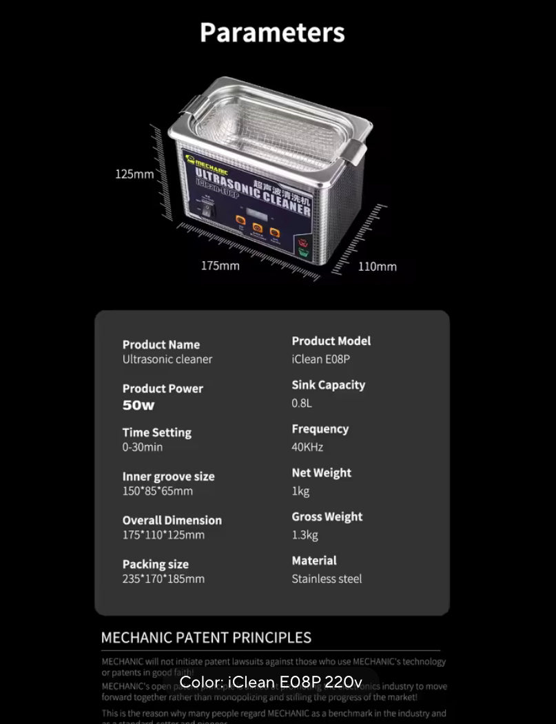 MECHANIC OFFICIAL iClean-E08P Ultrasonic Cleaner 0.8L 80W High Frequency Cleaning Machine For Mobile Phone Repair Washing Tools