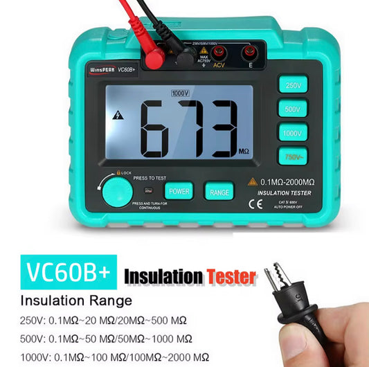 VC60B+ Digital Insulation Tester 0.1MΩ~2000MΩ MegOhm Meter 250V/500V1000V High Voltage Short Circuit Input Alarm Megohmmeter