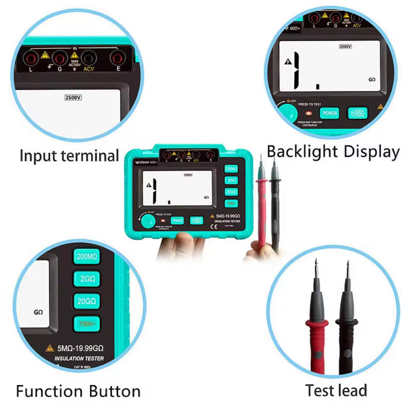 VC60B+ Digital Insulation Tester 0.1MΩ~2000MΩ MegOhm Meter 250V/500V1000V High Voltage Short Circuit Input Alarm Megohmmeter