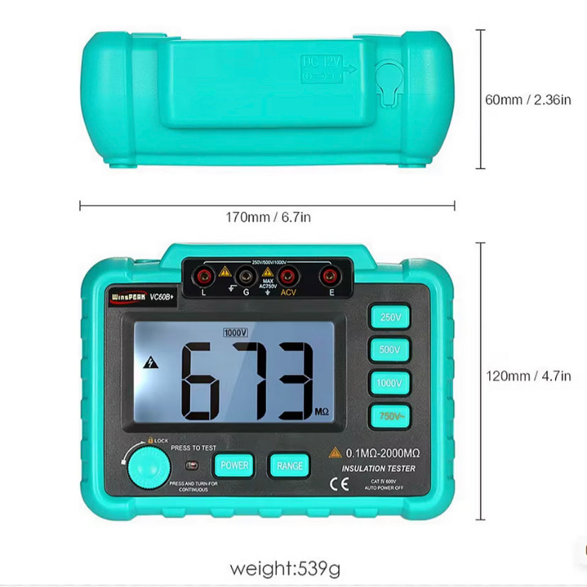 VC60B+ Digital Insulation Tester 0.1MΩ~2000MΩ MegOhm Meter 250V/500V1000V High Voltage Short Circuit Input Alarm Megohmmeter
