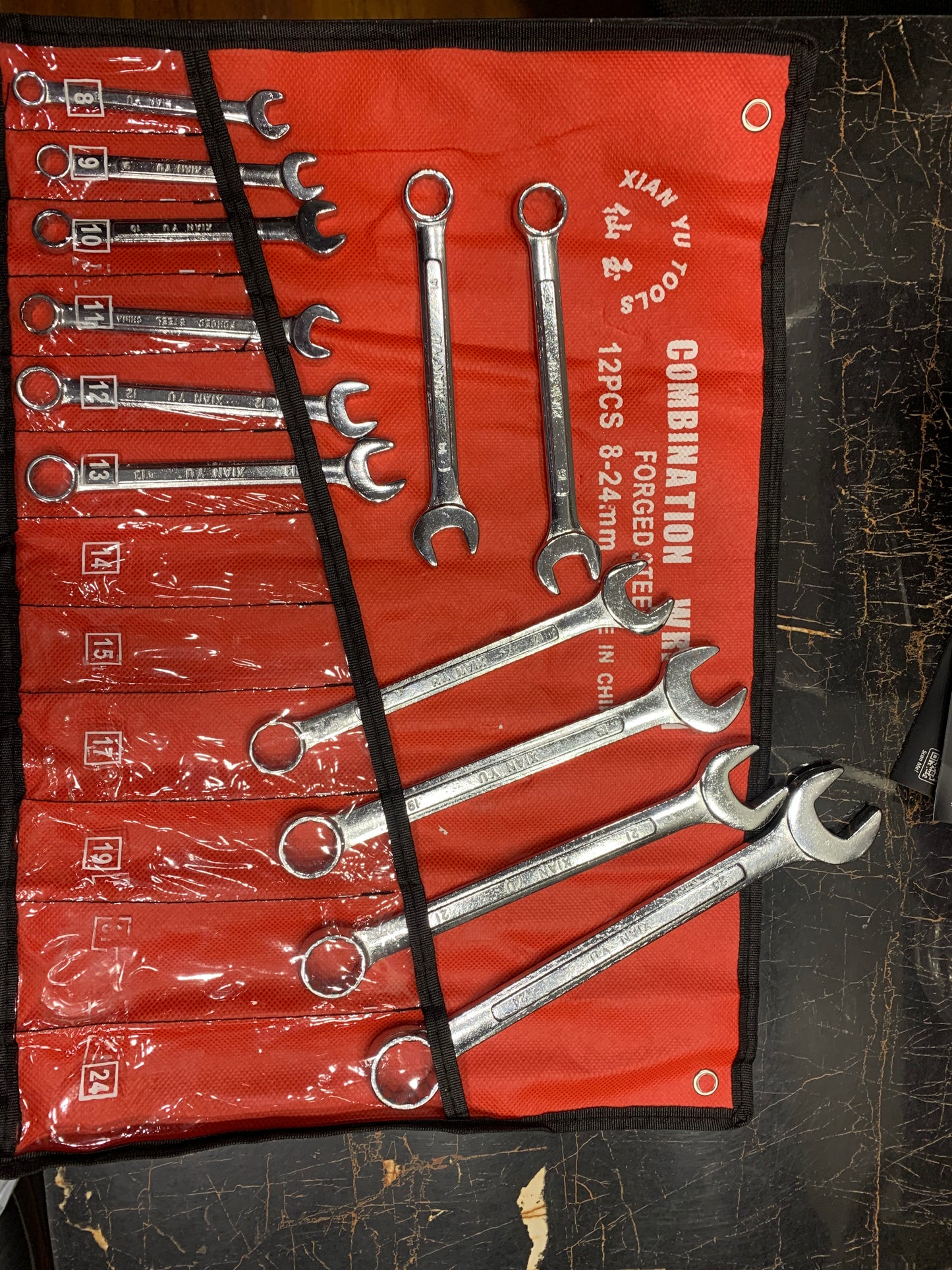 12 PCS Wrench Set with Roll-Up Pouch, 8-24mm,  15° Angled Open & 12-Point Box End Finish for Home & Workshop