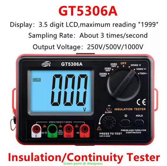Portable GT5306A Digital Display Insulation/Continuity Tester DC 250V/500V/1000V AC 750V For Electric Power Facilities